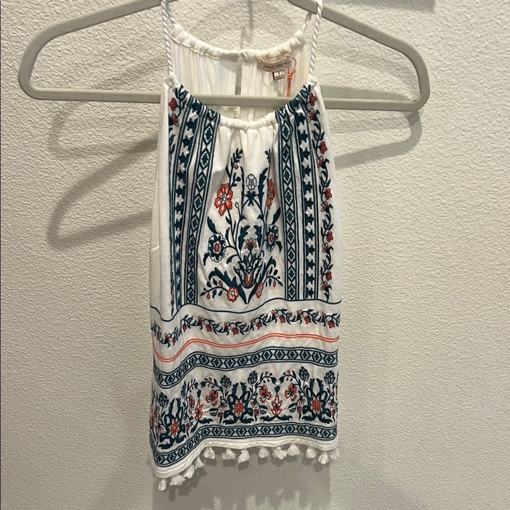 Stitch Fix Floral Embroidered Halter Top - White with Blue Embroidery